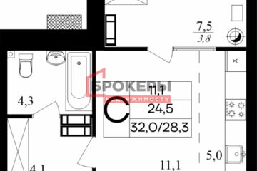 Студия, 32 м², 6/7 эт.